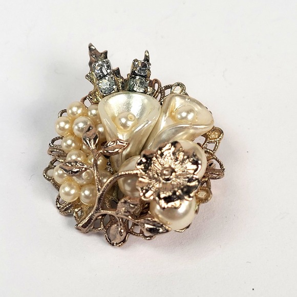 Source Unknown Jewelry - Gold Tone Faux Pearl Calla Lily Floral Brooch Pin Rhinestone Cluster Jewelry